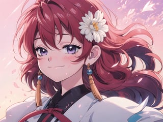 (masterpiece, best quality:1.3), insaneres, top quality, 8k, highly detailed, ultra-detailed. cowboy shot, yona1, (retro artstyle:1.2), (traditional media:1.2), manga, colorful, very long hair, detailed face, perfect face, detailed eyes, red hair, purple eyes, aged up, half-closed eyes, graphite (medium), happy, smile, closed mouth, wind lift, (tanlin ruqun, banbi, tassel earrings:1.2), surrounded by flowers and nature, beautiful, sharp focus, gorgeous, perfect composition, bloom, sky, embers, golden hour, sunrise, scenery, (extremely detailed background), intricate details, dynamic, dynamic pose, hair flower, maiden, nature, 1 girl, (volumetric lighting:1.1), best shadow,chibi