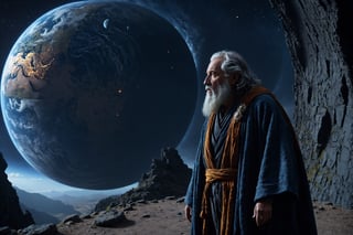 (masterpiece, best quality), insaneres, digital illustration, volumetric lighting, 3d, 8k,indoors, cinematic, cg unity wallpaper, ue5, global lumen illumination, stunning visual artwork, dynamic landscape, unique detail, valley, spiral cliff, from below, hyperdetailed portrait of a father time roaming an otherworldly dead planet,  detailed face, detailed eyes, weathered, mythical, nature, planet in distance,  long robes, wizard, somber, from side, time, depressing, intricate details, panoramic view, looking down, laurel crown, winter robes, (soothing tones, muted colors:1.1), vivid, dark tones, (dramatic), walking, windy, motion blur, deep depth of field,c0raline_style,madgod,more detail XL