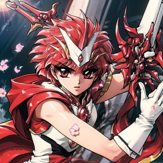 , (masterpiece, best quality:1.4), absurdres, best illustration, hikaru_rayearth, solo, long hair, red eyes, (detailed face, detailed eyes), gloves, holding, weapon,  braid, red hair, sword, white gloves, cape, holding weapon, armor, petals, single braid, (holding sword, pointing sword towards the heavens:1.2), godlight, halation, magnificent, epic scene, looking up, powerful, dynamic posture, fire, shoulder armor, serious, red cape, armored dress, retro artstyle, 1990s (style), red theme, (depth of field), (perfect anatomy:1.1), sharp focus),Rayearth,skirt_tail,FFIXBG