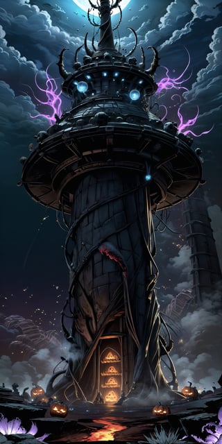 (Masterpiece, Best Quality), highres, (8k resolution wallpaper), dynamic perspective, spiral staircase, tower, surreal, (Fantasy), dutch angle, monster, soldier, glowing, cloud, full background, , wide shot, fantasy, landscape, beautiful,  outdoors, (details:1.2), water, (no humans:1.2), sky, cloud, halloween, town, autumn, nature, flowers, caustics, sharp focus, shadow, (deep depth of field:1.3), (science fiction:1.1), trick or treat, blood, scary, spoofy, see-through, ghost, ghost tail, (hollow eyes), no pupils, character design is filled with intricate details, insanely detailed, epic, glowing lines, (motion blur:1.1), (volumetric lighting:1.3), sunlight, day, extremely detailed background, fantastic, ancient ruins, mysterious, whimsical atmosphere, full background,coralinefilm,madgod,hydrotech,stop motion,ff14bg,ff8bg