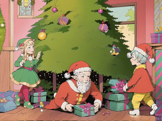 (masterpiece, best quality:1.3), 8k resolution, digital illustration, rup3rt_Style, christmas hair ornament, christmas decorations, santa's workshop, toys, (family), elf hat, bloom, glowing, santa and his elves in the workshop, christmas, elf, eye contact, elf costume, spacious, gift, presents, present box, gift bow, candycane, toy train set, toy soldier, nutcracker, doll, elf hat, shelf with toys, 1girl, aged down, child, thick lineart, bold lineart, green dress, 2boys, short male, curled shoes, tinsle, garland, wreath, bow, working, indoors, cartoon, painting (object), small details, christmas decorations, extremely detailed background, mid shot, full body, finely detailed face, looking down, smile, weathered, warm tone, wooden floor, shadow, candlelight, dark, (fantasy illustration:1.3), intricate details, looking at another, depth and richness,  falling_snow outside (window)