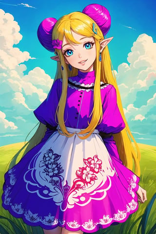 (masterpiece, best quality), digital illustration, volumetric lighting, 2d, anime visual, bloom, thick lineart, pointy ears, light smile, hair ornament, swirl print, 8k,outdoors, hair clip, colorful, turning, head tilt, doughnut hair bun, very long hair, parted lips, jewelry, flower, dynamic, sky, day, cloud,  blue sky, 1girl, dress, gradient dress, unique character design, cloud, depth of field, grass, sweetscape,full background, more detail XL,madgod,stop motion, peaceful, serene, shiny, sugar_rune,sugar_rune