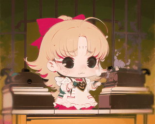 (Masterpiece, Best Quality), official style, fantasy art, best illustration, outline, (thick lineart:1.4), (chibi:1.3), blush, nadja, (ultra-detailed portrait), 8k, annoyed,  frilled dress, red bow, white apron, cooking, steam, brick stove, nature,retro artstyle