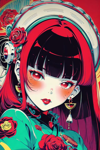 (Masterpiece), (highres), 8k, manga, digital illustration, 2d,  retro artstyle,  monochrome, partially colored,(ultra-detailed portrait of a woman,solo,  shaded face, red rose, red theme, confident, jewelry, colorful, frill trim, extremely detailed, detailed face, lipstick, straight hair, bangs,stylish, expressive, blush, looking to the side,  head tilt,  cowboy shot, fully clothed, (8k resolution),post00d,Hajime_Saitou,,quju,Oiran,sugar_rune,sweetscape,hirom1tsu