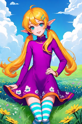 (masterpiece, best quality), digital illustration, volumetric lighting, 2d, bloom, thick lineart, pointy ears, striped, stockings, long sleeves, light smile, hair ornament, swirl print, 8k,outdoors, hair clip, colorful, turning, head tilt, low twintails, very long hair, parted lips, jewelry, flower, dynamic, sky, day, cloud,  blue sky, 1girl, dress, gradient dress, unique character design, cloud, depth of field, grass, sweetscape,full background, more detail XL,madgod,stop motion, peaceful, serene, shiny, sugar_rune,sugar_rune