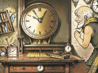 (masterpiece, best quality:1.3), 8k resolution, digital illustration, rup3rt_Style, (solo:1.2), old man, old, balding, beard, workshop, working, hands up, tunic, sleeveless, table, clock, indoors, painting (object), small details, extremely detailed background, finely detailed face, looking down, smile, weathered, warm tone, watchmaker, (fantasy illustration:1.3), intricate details