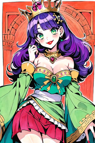 (Masterpiece),  (highres),  8k,  manga,  digital illustration,  2d,  retro artstyle,  (ultra-detailed portrait of a woman,  queen,  ancient ruins, diva, villain,  red lips, light smile,  shaded face,  hair ornament,  contrapposto, jewelry,  colorful,  detached sleeves,  frill trim,  extremely detailed,  detailed face,  lipstick,  green eyes, purple hair, ringlets, smile,  stylish,  expressive, blush,  averting gaze,  intricate crown of despair,  head tilt,  cowboy shot,  fully clothed,  (8k resolution),0kazu,p0lly,traditional media