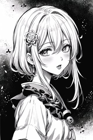 (Masterpiece), (highres), 8k, manga, digital illustration, 2d,  retro artstyle,  monochrome, partially colored,(ultra-detailed portrait of a woman,solo,  shaded face, hair ornament, confident, jewelry, colorful, frill trim, extremely detailed, detailed face, lipstick, straight hair, bangs,stylish, expressive, blush, looking to the side,  head tilt,  cowboy shot, fully clothed, (8k resolution),post00d,Hajime_Saitou,,quju,Oiran,sugar_rune