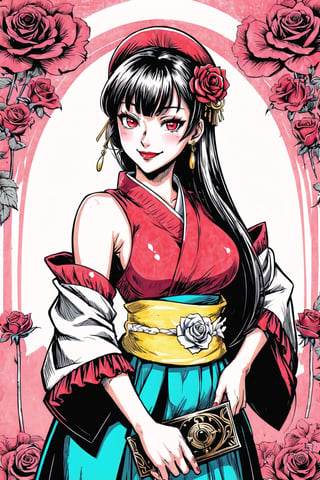 (Masterpiece), (highres), 8k, manga, digital illustration, 2d,  retro artstyle, (ultra-detailed portrait of a woman, sexy, solo, rose, shaded face, hair ornament, leaning forward,  confident, jewelry, colorful, detached sleeves, frill trim, extremely detailed, detailed face, lipstick, straight hair, bangs, red eyes, smile, stylish, expressive, from above, blush, looking to the side,  head tilt,  cowboy shot, fully clothed, (8k resolution),post00d,Hajime_Saitou,,quju,Oiran