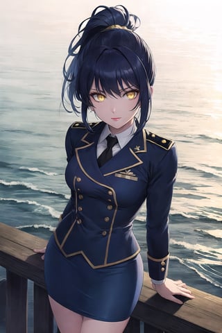 8k, top quality, digital illustration, shadow, dark, glowing eyes, detailed face, detailed eyes, dark blue hair, ponytail, yellow eyes, contrapposto, own hands together, arm support, shaded face, from above, backlighting, outline, volumetric lighting, looking at viewer, serious, closed mouth, lipstick, thick lineart, intricate details, shadow, (tricorne:1.2), navy blue, pencil skirt, military uniform, graphite_(medium), (highly detailed), ocean,FFIXBG