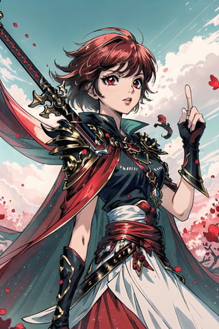 , (masterpiece, best quality:1.4), absurdres, best illustration, solo, long hair, red eyes, (detailed face, detailed eyes), gloves, holding, weapon,  braid, red hair, sword, white gloves, cape, holding weapon, armor, petals, single braid, (holding sword, pointing sword towards the heavens:1.2), godlight, halation, magnificent, epic scene, looking up, powerful, dynamic posture, fire, shoulder armor, serious, red cape, armored dress, retro artstyle, 1990s (style), red theme, (depth of field), (perfect anatomy:1.1), sharp focus), Rayearth, skirt_tail, sugar_rune