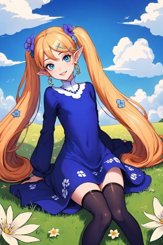 (masterpiece, best quality), digital illustration, volumetric lighting, 2d, bloom, thick lineart, pointy ears, striped, stockings, long sleeves, light smile, hair ornament, swirl print, 8k,outdoors, hair clip, colorful, turning, head tilt, low twintails, very long hair, parted lips, jewelry, flower, dynamic, sky, day, cloud,  blue sky, 1girl, dress, gradient dress, unique character design, cloud, depth of field, grass, sweetscape,full background, more detail XL,madgod,stop motion, peaceful, serene, shiny, sugar_rune,sugar_rune