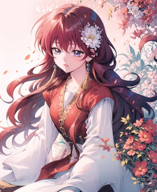 (masterpiece, best quality:1.3), insaneres, top quality, 8k, highly detailed, ultra-detailed portrait, (cowboy shot), yona1, (retro artstyle:1.2), shiny hair,(traditional media:1.2), manga, colorful, very long hair, sitting, detailed face, perfect face, detailed eyes, red hair, purple eyes, aged up, graphite (medium), happy, smile, closed mouth, wind lift, (tanlin ruqun, banbi, tassel earrings:1.2), flats, surrounded by flowers and nature, beautiful, sharp focus, gorgeous, perfect composition, bloom, sky, embers, golden hour, sunrise, scenery, (extremely detailed background), intricate details, dynamic, dynamic pose, hair flower, maiden, nature, 1 girl, (volumetric lighting:1.1), best shadow,yona1,tanling ruqun,fodress