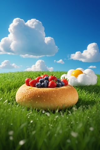 (masterpiece, best quality), digital illustration, volumetric lighting, outdoors, food, sky, day, cloud,  blue sky, no humans, depth of field, grass, food focus,sweetscape,full background,more detail XL,madgod