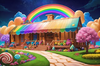 (Masterpiece, best quality:1.3), highly detailed, fantasy, , 8k, candyland, dynamic, cinematic, ultra-detailed, full background, fantasy, illustration, drip, sparkle, pancake:1.3), (ocean), beautiful, grass, syrup, glitter, scenery, ((no humans)), drizzle, beautiful, (shiny:1.2), various colors, monolithic, bloom:0.4, extremely detailed, (yellow and brown theme:1.3), striped, rainbow, (gradients), mushroom kingdom, lively, perfect composition,candyland