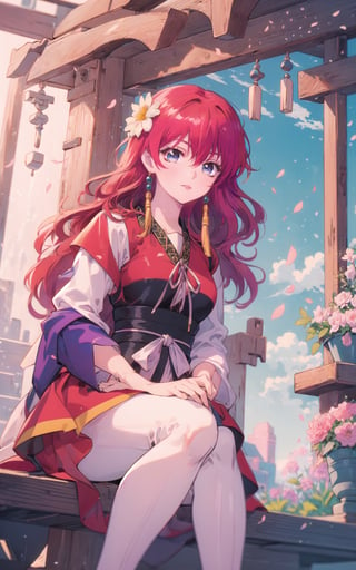 (masterpiece, best quality:1.3), insaneres, top quality, 8k, highly detailed, ultra-detailed full body, yona1, (retro artstyle:1.2), (traditional media:1.2), manga, colorful, very long hair, from below, sitting, detailed face, perfect face, detailed eyes, red hair, purple eyes, aged up, graphite (medium), happy, smile, closed mouth, wind lift, (tanlin ruqun, banbi, tassel earrings:1.2), flats, surrounded by flowers and nature, beautiful, sharp focus, gorgeous, perfect composition, bloom, sky, embers, golden hour, sunrise, scenery, (extremely detailed background), intricate details, dynamic, dynamic pose, hair flower, maiden, nature, 1 girl, (volumetric lighting:1.1), best shadow