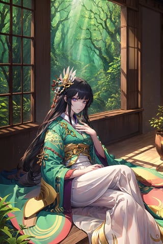 (Masterpiece), (highres), 8k, hyperdetailed, deep depth of field, motion blur, 0kazu, unique character concept, hyperrealistc, stunning artwork, finely crafted, human furniture, close-up, extremely detailed background. ancient Japan, Heian, hypnotizing purple eyes, mature female,(Karaginu Mo), very long hair, straight hair, perfect female figure, black hair, garden, hime cut, blunt bangs,  hair ornament, gorgeous, bloom, shadow, nature, overgrown,  fantasy, glowing, traditional, tatami, sitting,  feet out of frame,  serene, Japanese architecture, (indoors), scenery,1 girl, atmospheric