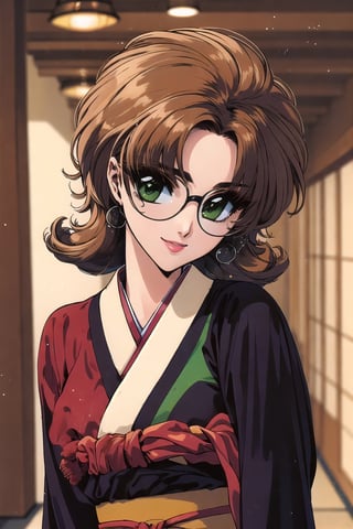 (Masterpiece,  Best Quality:1.2),  Traditional Media,  retro artstyle,  1990s \(style\),  1girl,  solo,  Manga,  dynamic,  very long hair,  lipstick,  perfect face,  woman standing in hallway,  mid shot,  (upper body:1.2),  full body,  focus face,  japanese clothes, smile, obi, brown hair, short hair, curly hair, (green eyes:1.2), rounded glasses, detailed deep eyes,  beautiful,  stylish,  vibrant colors, (deep depth of field:1.2),  light particles,  cinematic lighting,  shiny,  alternate costume,  alternate hairstyle,  bangs,  curvy, sugar_rune, 1 girl ,Rayearth