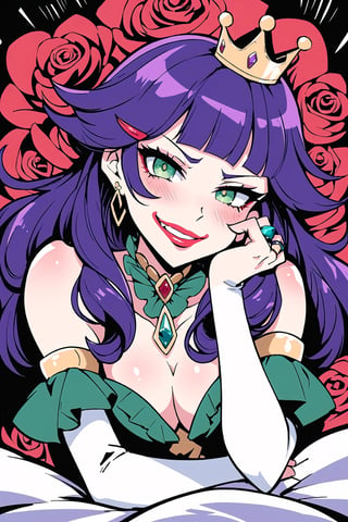 (Masterpiece),  (highres),  8k,  manga,  digital illustration,  2d,  retro artstyle,  (ultra-detailed portrait of a woman lying on a bed of roses,  queen,  sexy,  villain,  red lips,  smug,  evil grin, shaded face,  hair ornament,  leaning back,  annoyed, confident,  jewelry,  colorful,  detached sleeves,  frill trim,  extremely detailed,  detailed face,  lipstick,  green eyes, purple hair, ringlets, smile,  stylish,  expressive, blush,  looking to the side,  averting gaze,  intricate crown of despair,  head tilt,  cowboy shot,  fully clothed,  (8k resolution),