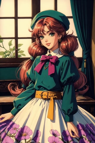 (masterpiece, best quality), digital illustration, volumetric lighting, 2d, bloom, thick lineart, retro artstyle, leaning, (solo), cowboy shot, beret, personality, charming, enchanting, mature female, small details, belt, waist bow, human furniture, long sleeves, light smile, relaxed pose, resting, story-driven, fantasy, 8k,colorful, upper body, head tilt, detailed hair, extremely detailed, low twintails, very long hair, floral print, playing with own hair, jewelry,flower, dynamic, day, high-low skirt, window, curtain, sky, (fashion, stylish), sideways glance, medium breasts, full angle view, gradients, unique character design, indoors, deep depth of field, more detail XL,peaceful, serene, shiny, sugar_rune, Rayearth,traditional media,retro artstyle,sugar_rune