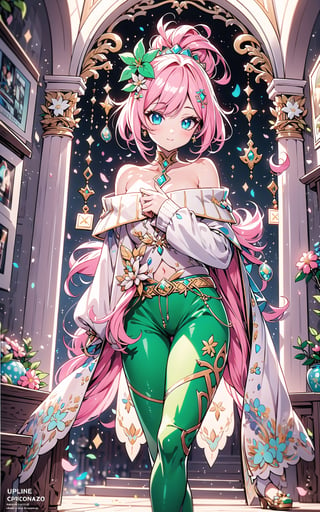 faux traditional media, mature female, beautiful,  anime visual,  (magazine cover:1.2), ultra-detailed shot of a princess, beautiful, pink hair, flower hair ornament, polka dot,1girl, avatar icon, game character concept, jrpg, 800mm lens, off shoulder, hoodie, ribbed sweater, sharp focus, depth of field, volumetric lighting, ((stylish, vintage)), (pinup:0.5), green and blue theme,(capri pants:1.2), studio lighting, (asymmetrical legwear),1 girl,Kawaii Figurines Style,yuzu