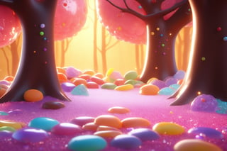 (Masterpiece), (best quality), top quality, fairytale, fantasy, sweet, candy, hyperrealistic, in the style of pixar, 3d, cg unity wallpaper, 8k,  magic, playful, drizzle, syrup, delicious, cookie, cinematic,  shimmer, glitter, scenery, striped, smooth edges, water, gradient, particles, shiny, small details, grass, see-through, transparent, colorful, fruit, chocolate, ,indoors, beautiful, sunlight,  volumetric lighting, multicolored theme,  (gradients), atmospheric, top lighting, muted colors, soothing tones, intricate details, dynamic, animated,  breathtaking, magical, tree, (deep depth of field:1.1), extremely detailed background, 850mm, digital illustration, more detail XL, glitter,sweetscape,full background,glitter,shiny