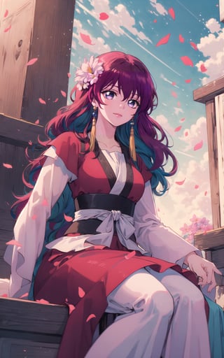 (masterpiece, best quality:1.3), insaneres, top quality, 8k, highly detailed, ultra-detailed full body, yona1, (retro artstyle:1.2), (traditional media:1.2), manga, colorful, very long hair, from below, sitting, detailed face, perfect face, detailed eyes, red hair, purple eyes, aged up, graphite (medium), happy, smile, closed mouth, wind lift, (tanlin ruqun, banbi, tassel earrings:1.2), flats, surrounded by flowers and nature, beautiful, sharp focus, gorgeous, perfect composition, bloom, sky, embers, golden hour, sunrise, scenery, (extremely detailed background), intricate details, dynamic, dynamic pose, hair flower, maiden, nature, 1 girl, (volumetric lighting:1.1), best shadow