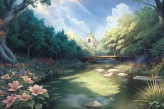 (Masterpiece, best qualityy:1.4), 8k, insaneres, top quality, hyperdetailed, extremely detailed, landscape, flower, floating particles, gorgeous view, forest, dappled sunlight, fantasy, cowboy shot, perfect shadow, deep depth of field, cloud, day, fantasy, surreal, grass, tree, perfect composition and lighting, volumetric, nature, plantlife, high fantasy