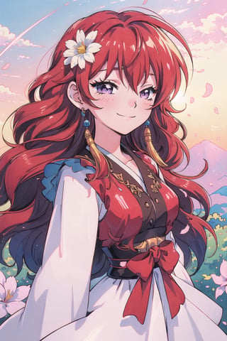 (masterpiece, best quality:1.3), insaneres, top quality, 8k, highly detailed, ultra-detailed. cowboy shot, yona1, (retro artstyle:1.2), (traditional media:1.2), manga, colorful, very long hair, detailed face, perfect face, detailed eyes, red hair, purple eyes, aged up, half-closed eyes, graphite (medium), happy, smile, closed mouth, wind lift, (tanlin ruqun, banbi, tassel earrings:1.2), surrounded by flowers and nature, beautiful, sharp focus, gorgeous, perfect composition, bloom, sky, embers, golden hour, sunrise, scenery, (extremely detailed background), intricate details, dynamic, dynamic pose, hair flower, maiden, nature, 1 girl, (volumetric lighting:1.1), best shadow,chibi