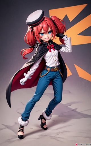 (masterpiece, best quallity:1.3), 8k, top quality, digitial illustration, gradients, dynamic pose, a colorful cartoon character, mature female, adult, villain, evil smile, glaring, laughing, dialated pupils, red hair, blue eyes, detailed eyes, finely detailed face, beautiful, expressive, cowboy shot,feet out of frame,intricate details, extremely detailed,  lipstick, makeup, aged up,(fantasy:1.3), bokeh, (hdr:1.4), high contrast, (sticker), see-through cape, gradient cape, chibi, hand up, hand on own hip, contrapposto, confident, head tilt, military uniform, military hat, gloves, puffy pants, heels, hair between eyes, sky, colorful, shiny, wind lift, long hair, (low twintails:1.3), tomboy, cool, serious, smirk, focused, (pants_tucked_in), frilled shirt, hair ribbon, jewelry, sassy princess, buttons, high-waist belt, cinematic, (vivid colors), vibrant, bloom, deep depth of field, rha30,(best quality,EpicLogo,mesugaki