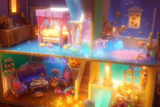 (Masterpiece), (best quality), top quality, fairytale, fantasy, sweet, candy, hyperrealistic, in the style of pixar, 3d, cg unity wallpaper, tilt shift, 8k,  magic, playful, drizzle, syrup, delicious, cookie, cinematic, dining room, living room, sofa, fireplace, bedroom, kitchen, bathroom, candy architecture, isometric, shimmer, glitter, scenery, striped, smooth edges, water, gradient, particles, shiny, (sugar), jello, chocolate bar, bed, chair, table, bookshelf, small details, human furniture, curtain, cieling light, staircase, fruit, water, various colors, grass, see-through, transparent, colorful, fruit, chocolate, ,indoors, beautiful, sunlight,  volumetric lighting, multicolored theme,  (gradients), atmospheric, top lighting, muted colors, soothing tones, intricate details, dynamic, animated, reflection, glitter, breathtaking, magical, tree, (deep depth of field:1.1), extremely detailed background, icing, striped, 850mm, digital illustration, more detail XL, glitter,sweetscape,full background,glitter,shiny,more detail XL