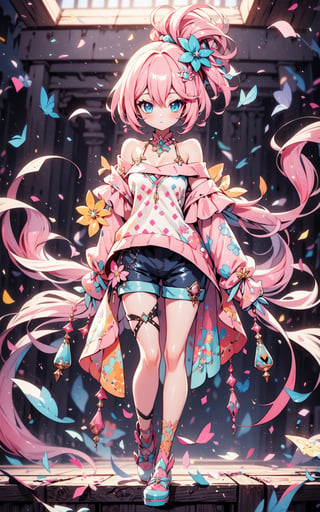 faux traditional media, mature female, beautiful,  anime visual,  (magazine cover:1.2), ultra-detailed shot of a princess, beautiful, pink hair, flower hair ornament, polka dot,1girl, avatar icon, game character concept, jrpg, 800mm lens, off shoulder, hoodie, ribbed sweater, sharp focus, depth of field, volumetric lighting, ((stylish, vintage)), (pinup:0.5), (shorts:1.2), studio lighting, (asymmetrical legwear),1 girl,Kawaii Figurines Style