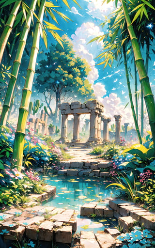 (Masterpiece, Best Quality:1.3), insaneres, 8k, highly detailed, top quality, ultra-detailed, 2d, (faux traditional media:1.3), manga, digital illustration, fantasy, thick lineart, outline, flower, (desert:1.3), gorgeous view, bamboo forest, zen, (paradise), greek, shimmer, overgrowth, blue sky, (cloud), volumetric lighting, fairytale, wonder, dreamy, outdoors, nature, greek architecture, (extremely detailed background:1.2), 85mm, hyperrealistic, film grain, colorful, ancient ruins, (shadow), blurry foreground, (intricate details), mystical, (natural lighting:1.1), cozy, bloom, (deep depth of field:1.3), (floating islands in the distrance)