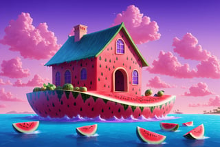 (Masterpiece, best quality:1.3), highly detailed, fantasy, 8k, 2d, bold lineart, cartoon, sweetscape, dynamic, cinematic, ultra-detailed, sweets, oversized watermelon, fantasy, gorgeous, vector artstyle, digital illustration, beautiful composition, intricate details, highly detailed, volumetric lighting, house,  iridescent, water, tropical beach, seaside, fruit,  sky, purple grass, cloud, cookie, sugar, dramatic lighting, beautiful, drip, sparkle, food, cute, glitter, bubble, see-through, transparent, scenery, (no humans), shimmer, drizzle, beautiful, (shiny:1.2), various colors, bloom:0.4, extremely detailed, gradients),more detail XL,sweetscape