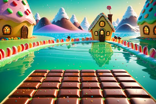 (Masterpiece), (best quality), top quality, fairytale, fantasy, sweet, candy, hyperrealistic, in the style of pixar, 3d, cg unity wallpaper, 8k,  transitory, magic, playful, oversized pancake, drizzle, syrup, delicious, cinematic, (house made of candy:1.3), shimmer, glitter, scenery, snowy roof, cake slice, landscape, fence, smooth edges, water, gradient, particles, shiy, tiled floor, vanishing point, small details, green sky, see-through, transparent, colorful, chocolate bar, parfait,colored lineart, glowing, beautiful, sunlight, tropical, motio blur, rainboow terrain, volumetric lighting, multicolored theme,  (gradients), atmospheric, top lighting, muted colors, soothing tones, miniature scale world, intricate details, dynamic, animated, liquid, breathtaking, magical, black background, (deep depth of field:1.3), extremely detailed background, sprinkles, 850mm, digital illustration, cl4mp,more detail XL, glass,c0raline_style
