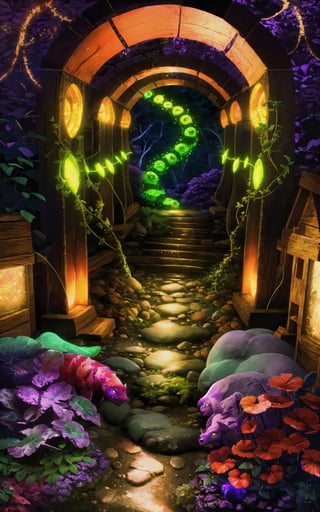 (Masterpiece, Best Quality), highres, (8k resolution wallpaper), witch hut, overgrown, vines, tree, enchanted forest, looking at viewer, (shiny:1.3), reflection, dynamic perspective, spiral staircase, surreal, (Fantasy), dutch angle, monster, soldier, glowing, cloud, full background, , wide shot, fantasy, landscape, beautiful,  outdoors, (details:1.2), water, (no humans:1.2), sky, cloud, halloween, town, autumn, nature, flowers, caustics, sharp focus, shadow, (deep depth of field:1.3), (science fiction:1.1), (glowing lines), (motion blur:1.1), (volumetric lighting:1.3), sunlight, day, extremely detailed background, fantastic, mysterious,full background,coralinefilm,madgod,stop motion,LODBG,cryptids