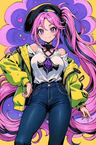 (Masterpiece, Best Quality:1.3), insaneres, (8k resolution), (centered), digital illustration, (outline, thick lineart), glowing, bloom, shadow, (faux traditional media:1.3), long bangs, (open clothes:1.2), jacket, off shoulder, purple eyes, jewelry,  looking at viewer, large breasts, (multicolored theme:1.3), shirt print, shirt, pants, giggling, tan skin, (very long hair, low ponytail:1.3), beret, magical girl,sugar_rune,fodress,1 girl
