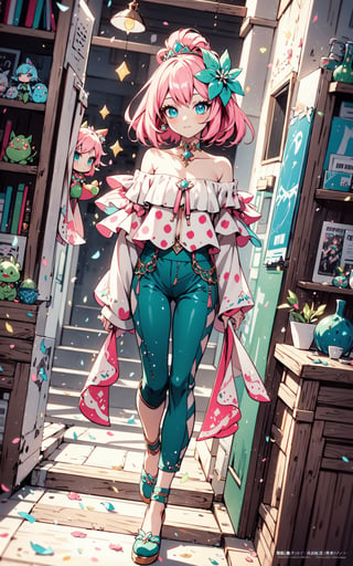 faux traditional media, mature female, beautiful,  anime visual,  (magazine cover:1.2), ultra-detailed shot of a princess, beautiful, pink hair, flower hair ornament, polka dot,1girl, avatar icon, game character concept, jrpg, 800mm lens, off shoulder, hoodie, ribbed sweater, sharp focus, depth of field, volumetric lighting, ((stylish, vintage)), (pinup:0.5), green and blue theme,(capri pants:1.2), studio lighting, (asymmetrical legwear),1 girl,Kawaii Figurines Style,yuzu