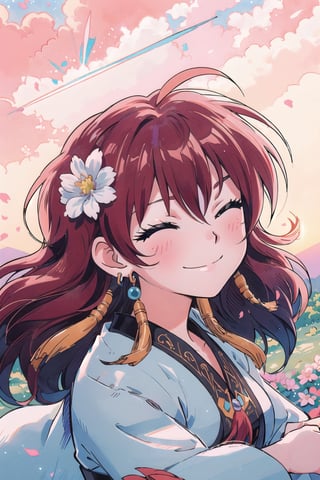 (masterpiece, best quality:1.3), insaneres, top quality, 8k, highly detailed, ultra-detailed. cowboy shot, yona1, (retro artstyle:1.2), (traditional media:1.2), manga, colorful, very long hair, detailed face, perfect face, detailed eyes, red hair, purple eyes, aged up, half-closed eyes, graphite (medium), happy, smile, closed mouth, wind lift, (tanlin ruqun, banbi, tassel earrings:1.2), surrounded by flowers and nature, beautiful, sharp focus, gorgeous, perfect composition, bloom, sky, embers, golden hour, sunrise, scenery, (extremely detailed background), intricate details, dynamic, dynamic pose, hair flower, maiden, nature, 1 girl, (volumetric lighting:1.1), best shadow,chibi