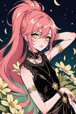 (Masterpiece,  Best Quality), top quality, highly detailed, (8k resolution), (ultra-detailed portrait), upper body, (official alternate costume:1.4), bloom, outline, soft aura, limited palette, deep colors, rich colors, spot color, (intricate details), monochrome, vibrant, (highly detailed), mature female, adult, half-closed eyes, soft makeup, ink_(medium), (long face:1.2), (thick lineart:1.2), (green and yellow theme:1.3), beautiful, (detailed face, detailed eyes, deep eyes:1.2), (gradient eyes), copper hair, reflective hair, armlet, curvy, beautiful female figure, mature female, jewelry, head adornment, gold chain, waist chain, long hair, low ponytail, (long face, full lips), dynamic pose, dancing, arms up, (hagoromo:1.3). transparent, irisescent, (rainbow print:0.4), covering face, blush, lovely, looking at viewer, sitting, lying, on side, hand on own hip, perfect hands, nail polish, standing, balancing, eye trail, glowing, studio lighting, gradient sky, cloud, (shiny), floating hair, messy hair, hair between eyes, atmosphere, day, halation, sunlight,] (intricate details:1.2), day, (volumetric lighting, soft lighting:1.1), various colors, (surrounded by flowers), bloom, windy, petals, surreal, (fantasy:1.1), eugene_volkan,sugar_rune