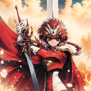 , (masterpiece, best quality:1.4), absurdres, best illustration, hikaru_rayearth, solo, long hair, red eyes, (detailed face, detailed eyes), gloves, holding, weapon,  braid, red hair, sword, white gloves, cape, holding weapon, armor, petals, single braid, (holding sword, pointing sword towards the heavens:1.2), godlight, halation, magnificent, epic scene, looking up, powerful, dynamic posture, fire, shoulder armor, serious, red cape, armored dress, retro artstyle, 1990s (style), red theme, (depth of field), (perfect anatomy:1.1), sharp focus),Rayearth,skirt_tail,FFIXBG