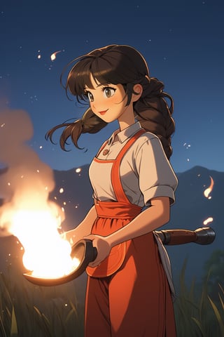 (masterpiece, best quality), digital illustration, volumetric lighting, faux traditional media,  2d, anime visual, thick lineart, 8k indoors, workshop, blacksmith, very long hair, aged up, braided hair, black hair, (mid shot, upper body), focus, smile, harmony, volumetric lighting, dreamy, motion blur, holding hammer, smelting, glowing, heat, steam, sweat, 1girl, sidelocks, bangs, fantasy, hair ornament, (working:1.2), full lips, apron, white shirt, rolled up sleeves, pants, standing, fully nature, tree, grass, clothed, cowboy shot, feet out of frame, solo, outdoors, unique character design, mature female, (outline), light blush, (motion blur), (dynamic line of action:1.1), (deep depth of field), full background, peaceful, sunset, smoke, stone, wood, (extremely detailed, from side, looking down, (focused), intricate details:1.3), dark-skinned female, hyperrealistic, photoreal, detailed face, detailed eyes, serene, shiny, cl4mp,more detail XL,cl4mp,c0raline_style,r0b0cap