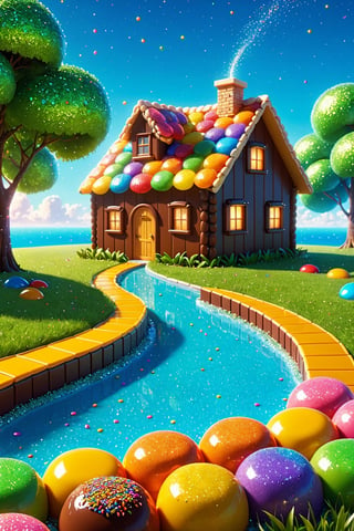 (Masterpiece), (best quality), top quality, fairytale, fantasy, sweet, candy, hyperrealistic, in the style of pixar, 3d, cg unity wallpaper, 8k,  transitory, magic, playful, oversized pancake, drizzle, syrup, delicious, cinematic, (house made of candy:1.3), shimmer, glitter, scenery, snowy roof, cake slice, landscape, striped, striped fence, smooth edges, water, gradient, particles, shiy, tiled floor, vanishing point, small details, sky, grass, see-through, transparent, colorful, chocolate bar, parfait,colored lineart, glowing, beautiful, sunlight, tropical, motio blur, volumetric lighting, multicolored theme,  (gradients), atmospheric, top lighting, muted colors, soothing tones, intricate details, dynamic, animated,  breathtaking, magical, black background, tree, (deep depth of field:1.1), extremely detailed background, fantasy landscape, sprinkles, 850mm, digital illustration, more detail XL, glitter
