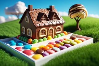 (masterpiece, best quality:1.3), top quality, 8k, digital illustration, fantasy, digital illustration, day, sunlight, 3d, hyperrealistic, photoreal, building, (doll house), human furniture, food, sweets, candy, scenery, beautiful, grass, sky, tree, (deep depth of field:1.2), tilt shift, cookie, chocolate, colorful, vivid, dynamic, volumetric lighting,sweetscape,more detail XL