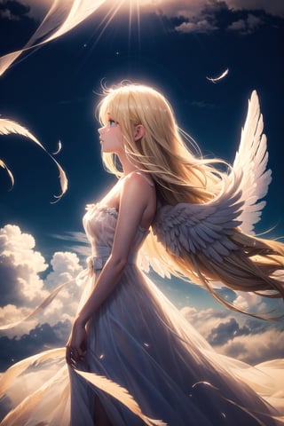1girl, solo, long hair, breasts, blue eyes, blonde hair, dress, bare shoulders, very long hair, wings, sky, day, cloud, white dress, see-through, profile, floating hair, feathers, looking up, wind, feathered wings, angel wings, hair down, white wings, angel, sundress, pillar, see-through silhouette, column, kamio misuzu, (halation), (deep depth of field:1.3), motion blur, above clouds, dreamlike, focus, beautiful, angelic, dreamy