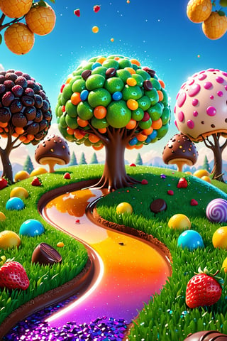 (Masterpiece), (best quality), top quality, fairytale, fantasy, sweet, candy, hyperrealistic, in the style of pixar, 3d, cg unity wallpaper, 8k, doll house, magic, playful, drizzle, syrup, delicious, cookie, cinematic,  shimmer, glitter, scenery, striped, smooth edges, water, gradient, particles, shiny, small details, grass, see-through, transparent, fruit, chocolate, ,beautiful, sunlight,  volumetric lighting, multicolored theme,  (gradients), atmospheric, top lighting, muted colors, soothing tones, intricate details, dynamic, animated,  breathtaking, magical, tree, (deep depth of field:1.1), extremely detailed background, 850mm, digital illustration, more detail XL, glitter,sweetscape,full background,glitter,shiny,more detail XL