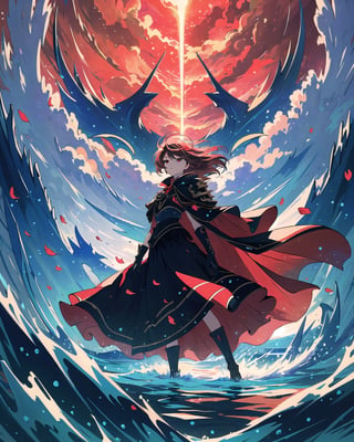 , (masterpiece, best quality:1.4), absurdres, best illustration, solo, long hair, red eyes, (detailed face, detailed eyes), gloves,  cape, armor, petals, single braid, godlight, halation, magnificent, epic scene, looking up, powerful, dynamic posture, surrounded by water, half-closed eyes, dreamy,  dress, retro artstyle, 1990s (style), red theme, (depth of field), (perfect anatomy:1.1), sharp focus), skirt_tail, sugar_rune,skirt_tail,sugar_rune