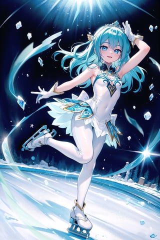 (masterpiece, best quality), digital illustration, volumetric lighting, 2d, anime visual, thick lineart, 8k,indoors, (mid shot, full body), focus, ice rink, blue and white theme, jrpg, figure skater, ice skating, arm behind back, arm above head, head up, smile, harmony, volumetric lighting, dreamy, standing on one leg, motion blur, sky, day, cloud,  blue sky, 1girl, blue hair, ringlets, diagonal bangs, fantasy, hair ornament, tutu, white leggings, wind lift, turning, white gloves, gold trim, solo focus, ice skates, unique character design, (outline), light blush, somber expression, dynamic pose, depth of field, full background, peaceful,tiara, bloom,  (extremely detailed, intricate details:1.3), hyperrealistic, photoreal, (icicle print), snow print, traditional media, detailed face, detailed eyes, serene, shiny, sugar_rune,cl4mp,more detail XL,sugar_rune,Rayearth,1 girl,traditional media,babak1ri