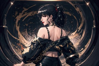 (Masterpiece, Best Quality:1.3), insaneres, (8k resolution), (centered), digital illustration, cover page, stylish, femme fatale, (outline, thick lineart), (faux traditional media:1.3), (open clothes:1.2), jacket, off shoulder, looking at viewer, (black hair:1.2), (dramatic lighting, studio lighting:1.3), (dark theme, dark:1.2), black background, pitch black, nightmare queen, madgod, eye shine, (extremely detailed), (deep eyes. finely detailed eyes:1.2), white and gold, (lying, on back:1.2), dark theme, villain, evil smile, red lips, head down, serious, (standing), serious, tsurime, (mature female:1.3), motherly, side ponytail, expressive, aged up, adult, (perfect female figure), balancing, chromatic skin, demon girl, (solo), (backlighting), (detailed face, detailed eyes:1.2), arm behind head, looking at viewer, fashion, stylish, silver chain, pitch black, (curly hair:1.3), curls, (Soft lighting), coralinefilm, reflection, evil, angry, long sidelocks, ((bangs)), red eyes, (shiny), ((cowboy shot)), (details:1.2), (deep depth of field:1.3), (beautiful face), high quality, (ayami kojima:0.3), (extremely detailed), fantastic composition, (crop top, print shirt:1.2), leather pants, (shiny:1.3), (ribbon trim), (finely crafted:1.3), (highly detailed), psychedelic, graphite \(medium\), white background, cloud print, cloud, (bloom:0.5), (dynamic pose:1.2),Adorable,monochrome,Robocap