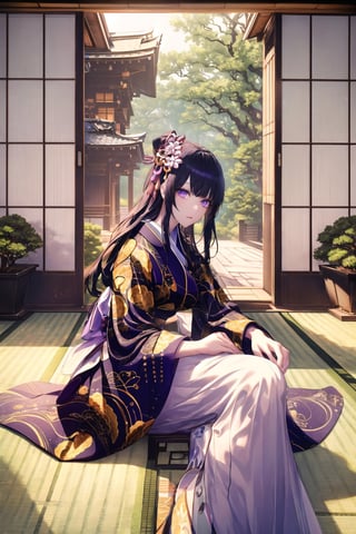 (Masterpiece), (highres), 8k, hyperdetailed, deep depth of field, motion blur, 0kazu, official alterate hairstyle, unique character concept, hyperrealistc, stunning artwork, finely crafted, human furniture, close-up, extremely detailed background. ancient Japan, Heian, hypnotizing purple eyes, mature female,(Karaginu Mo), very long hair, straight hair, perfect female figure, black hair, garden, hime cut, blunt bangs,  hair ornament, gorgeous, bloom, shadow, nature, overgrown,dynamic posture,  fantasy, glowing, traditional, tatami, sitting,  feet out of frame,  serene, Japanese architecture, (indoors), scenery,1 girl, atmospheric, perspective